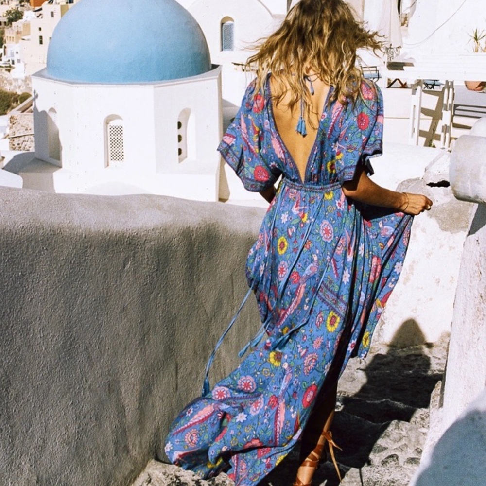Lovebird Half Moon Gown Maxi DRESS Blue NEW
